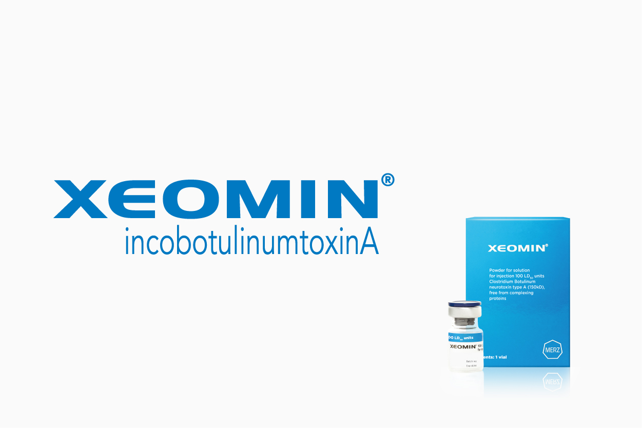 顯示Xeomin藥瓶及包裝，標示含有incobotulinumtoxinA的肉毒桿菌毒素，強調其在美容療程中的應用，並顯示Xeomin的標誌。