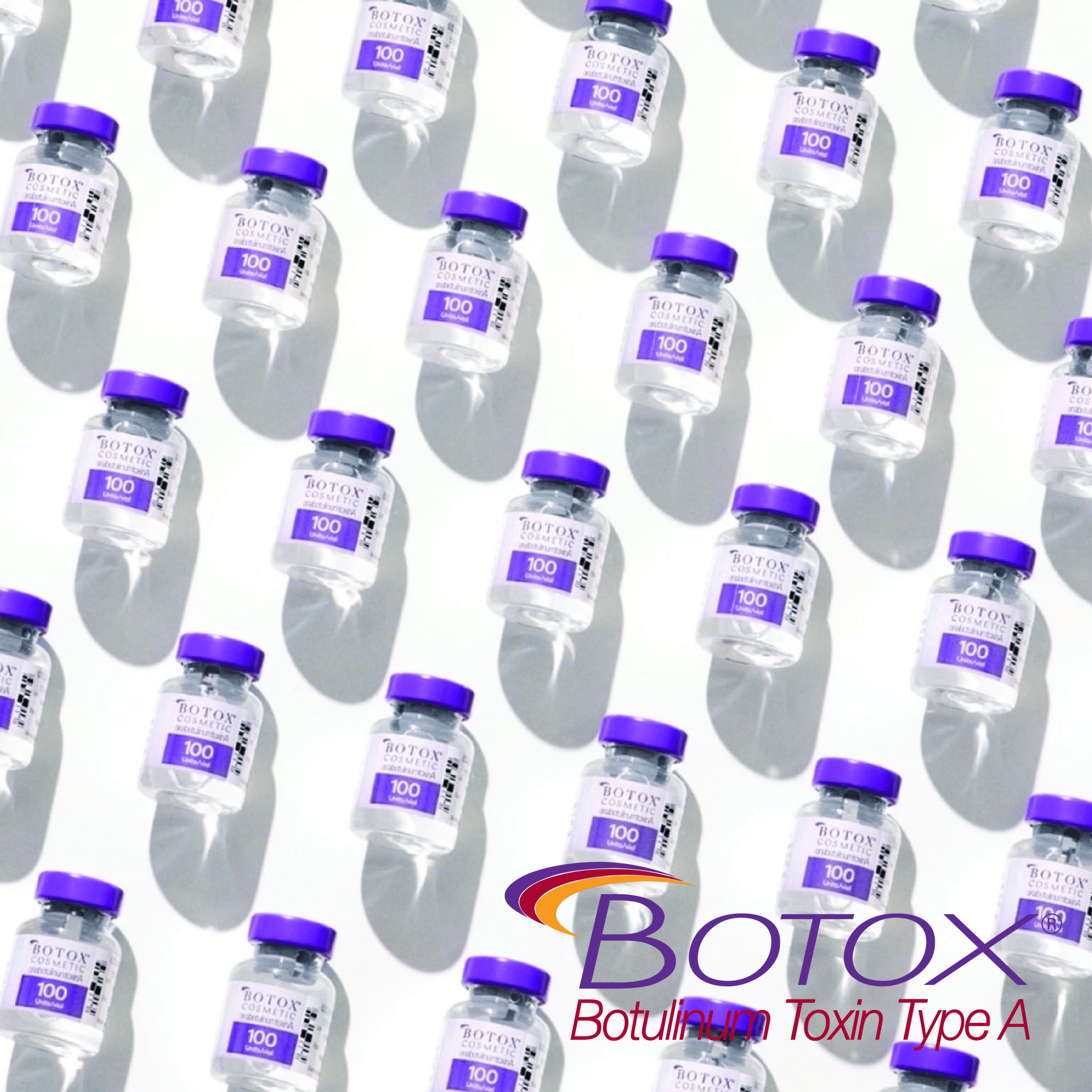 排列整齊的Botox藥瓶，標示肉毒桿菌毒素類型A的100單位，專為美容療程設計，可有效減少皺紋及改善肌膚外觀。